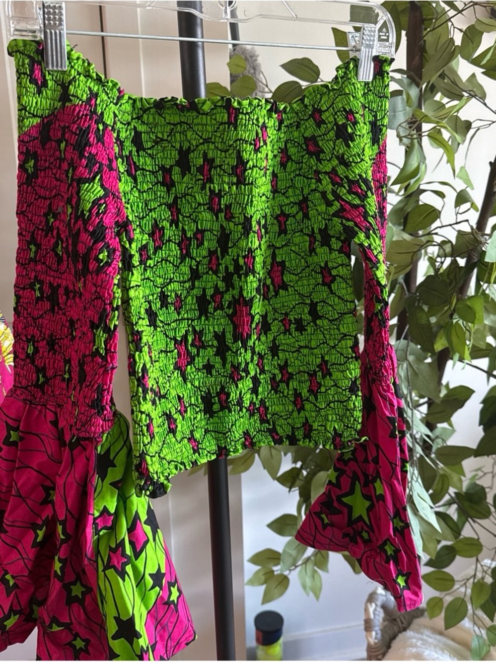 Bright Neon Green & Hot Pink Star Smocked Off-Shoulder Top
